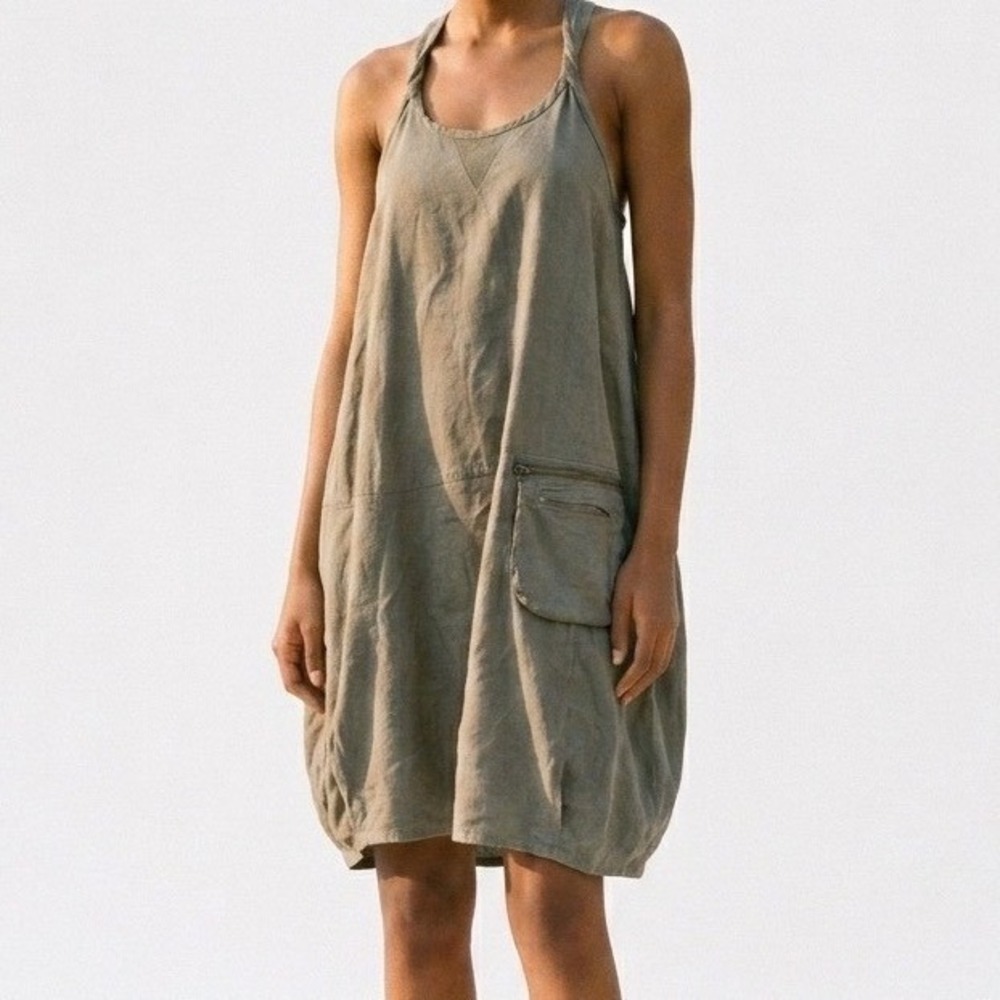 Desigual Racerback Dress Taupe Brown Embroidered 40 Utilitarian Lagenlook Cargo